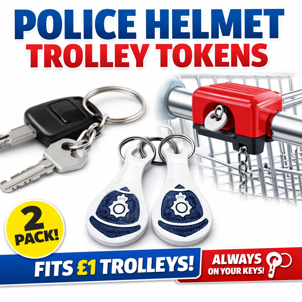 2 Police Custodian Helmet Hat Bobby Shopping Kart Trolley Token Keyring Tag Coin