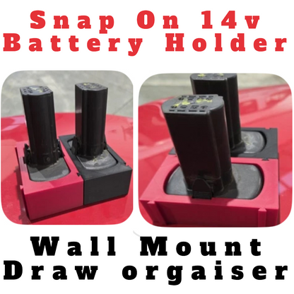 Snap On 14v Battery Holder Wall mount Draw orgainser tidy any colour